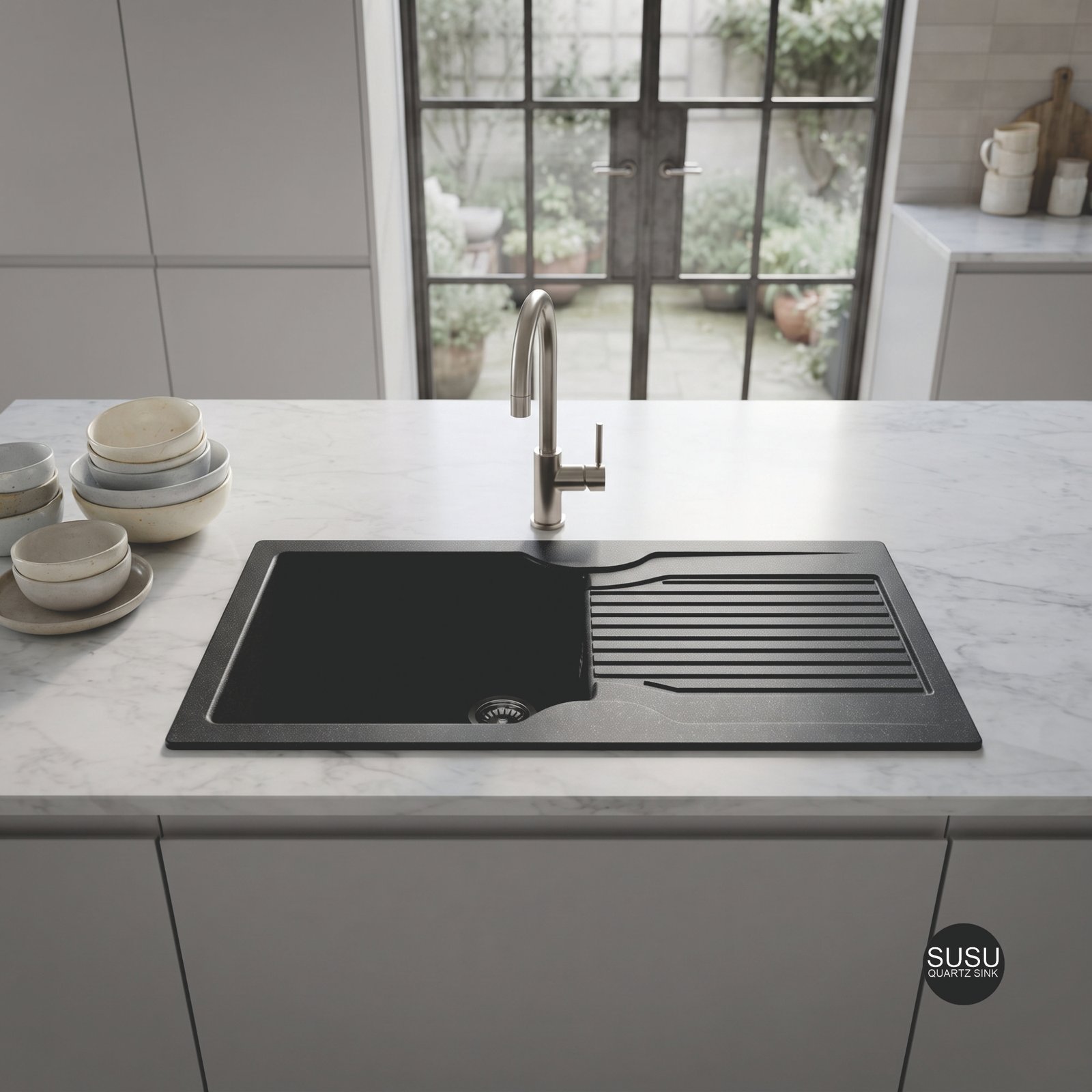 SUSU Single Bowl Quartz Sink With Drain Board